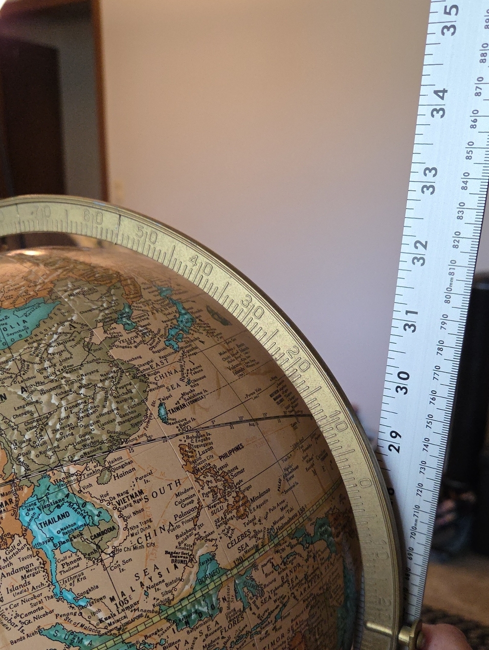 Vintage-Style Beige & Teal Floor Globe with Brass Stand  Approximately 32" - Picture 2 of 2